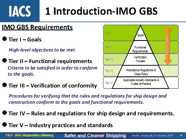 1 Introduction-IMO GBS Requirements l Tier I – Goals High-level objectives to be met