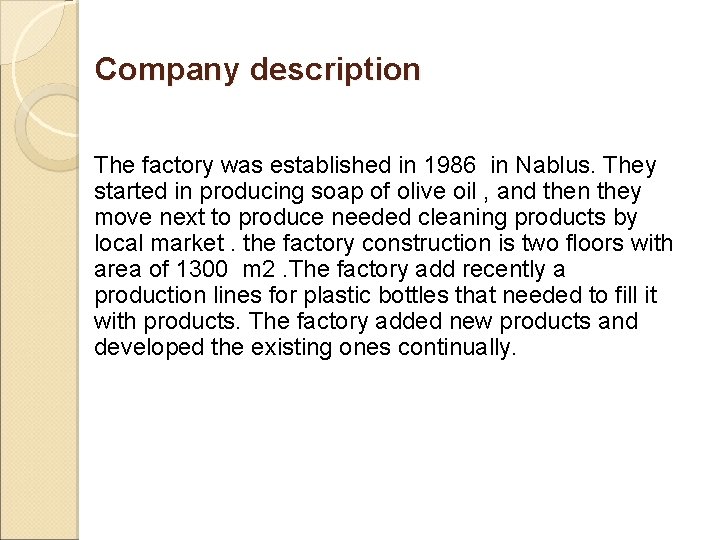 Company description The factory was established in 1986 in Nablus. They started in producing