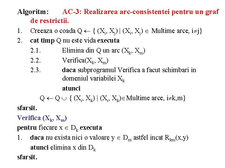 Algoritm: AC-3: Realizarea arc-consistentei pentru un graf de restrictii. 1. 2. Creeaza o coada