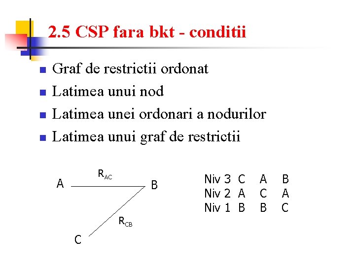 2. 5 CSP fara bkt - conditii n n Graf de restrictii ordonat Latimea