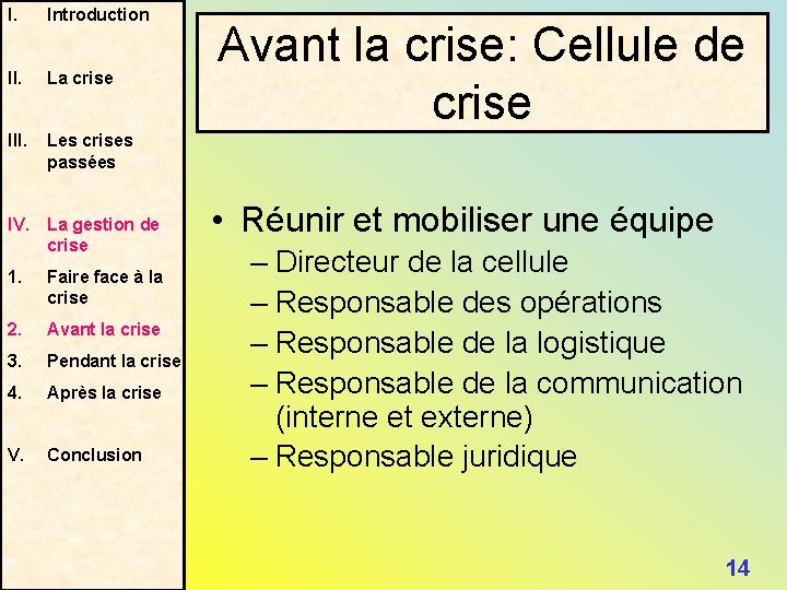 I. Introduction II. La crise III. Les crises passées IV. La gestion de crise