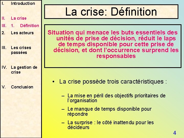 I. Introduction II. La crise III. 1. 2. Les acteurs III. Les crises passées