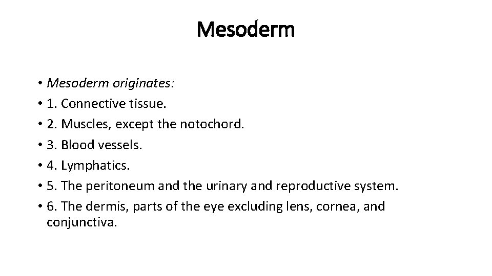 Mesoderm • Mesoderm originates: • 1. Connective tissue. • 2. Muscles, except the notochord.