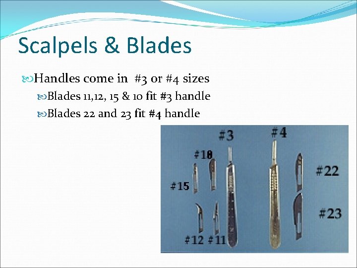 Scalpels & Blades Handles come in #3 or #4 sizes Blades 11, 12, 15