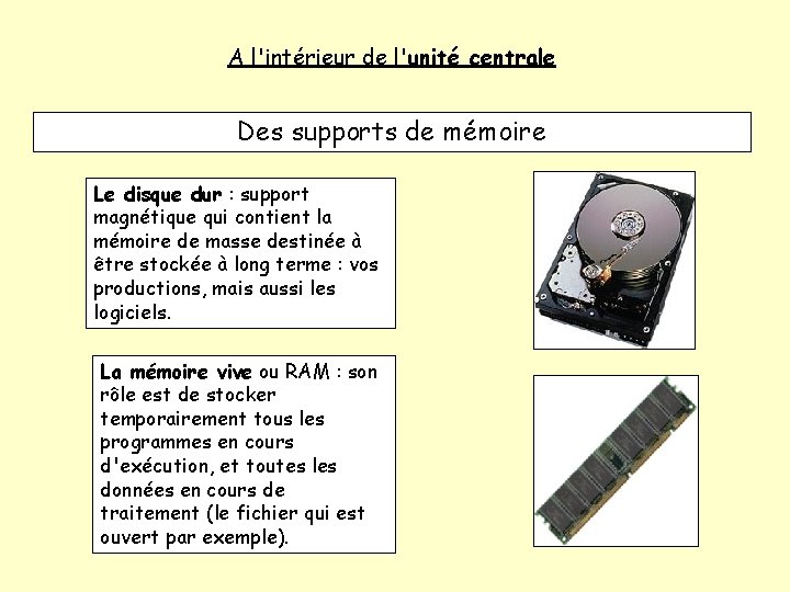 A l'intérieur de l'unité centrale Des supports de mémoire Le disque dur : support