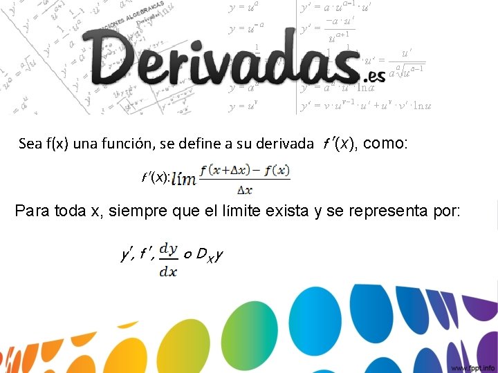 Sea f(x) una función, se define a su derivada f ′(x), como: f ′(x):