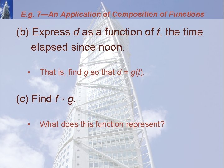 E. g. 7—An Application of Composition of Functions (b) Express d as a function