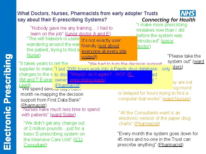 What Doctors, Nurses, Pharmacists from early adopter Trusts say about their E-prescribing Systems? “I