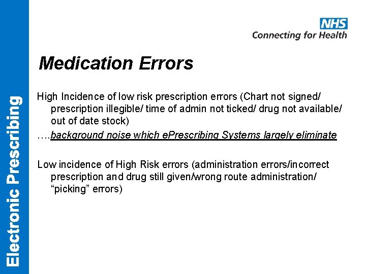 Medication Errors High Incidence of low risk prescription errors (Chart not signed/ prescription illegible/
