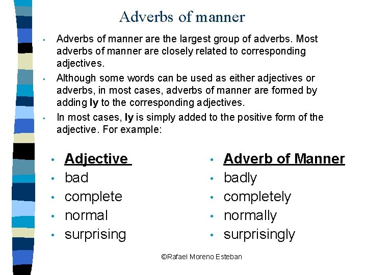 Adverbs of manner are the largest group of adverbs. Most adverbs of manner are