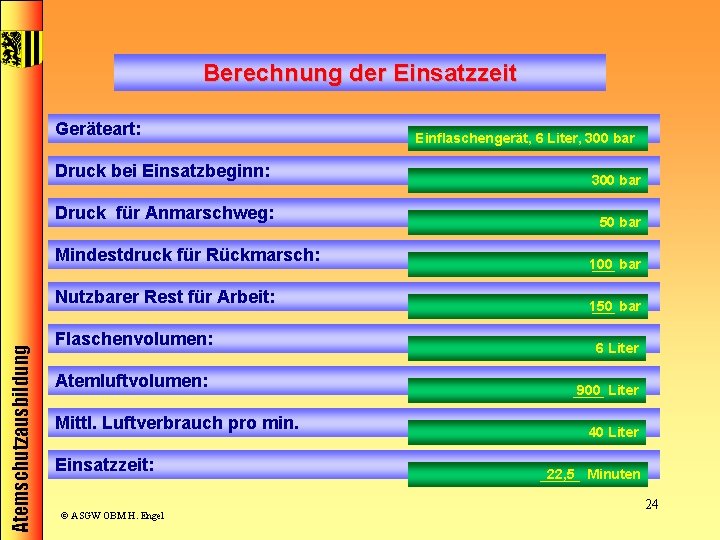 Berechnung der Einsatzzeit Geräteart: Druck bei Einsatzbeginn: Druck für Anmarschweg: Mindestdruck für Rückmarsch: Atemschutzausbildung