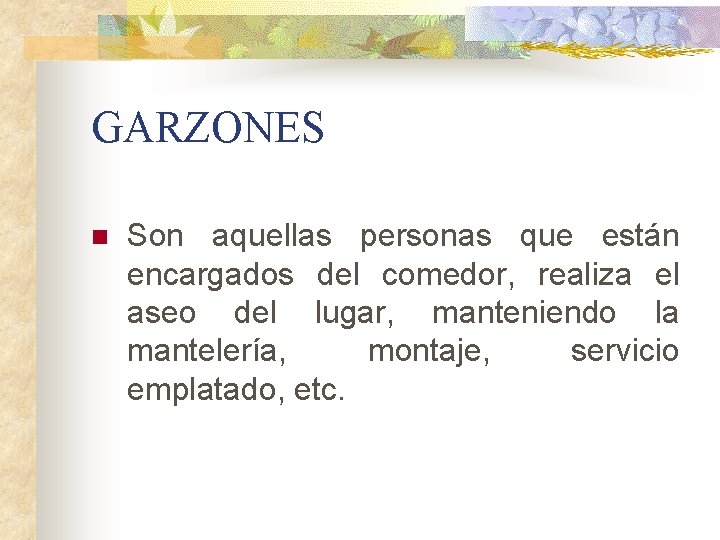 GARZONES n Son aquellas personas que están encargados del comedor, realiza el aseo del