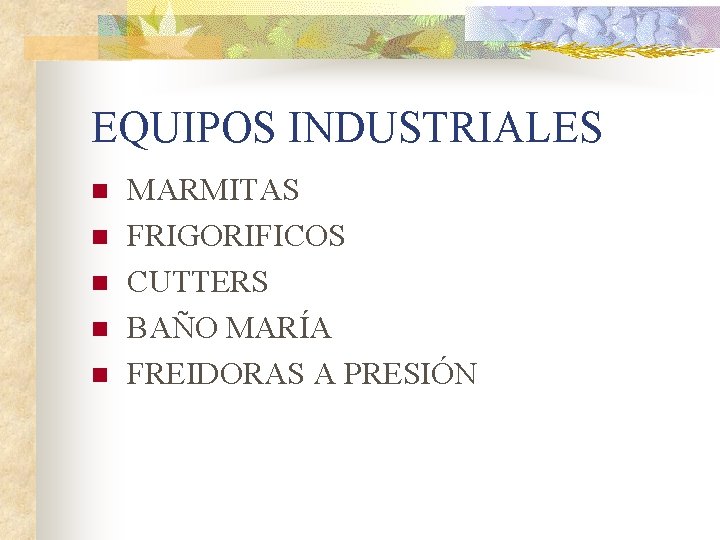 EQUIPOS INDUSTRIALES n n n MARMITAS FRIGORIFICOS CUTTERS BAÑO MARÍA FREIDORAS A PRESIÓN 