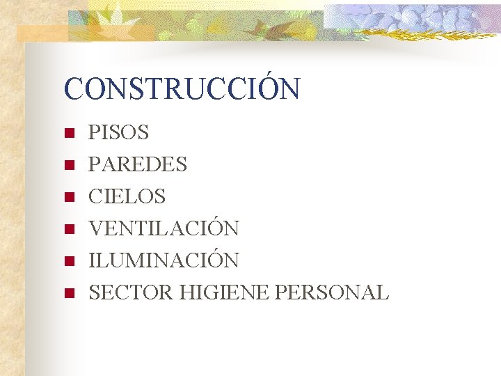 CONSTRUCCIÓN n n n PISOS PAREDES CIELOS VENTILACIÓN ILUMINACIÓN SECTOR HIGIENE PERSONAL 