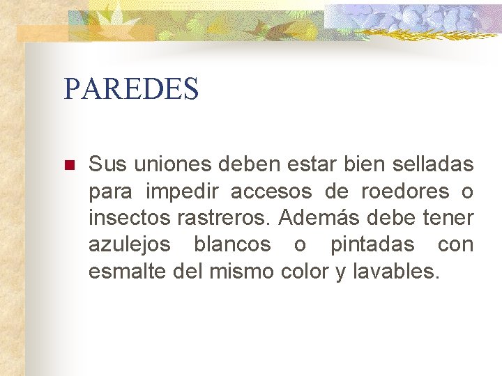 PAREDES n Sus uniones deben estar bien selladas para impedir accesos de roedores o