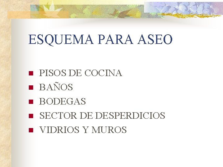 ESQUEMA PARA ASEO n n n PISOS DE COCINA BAÑOS BODEGAS SECTOR DE DESPERDICIOS
