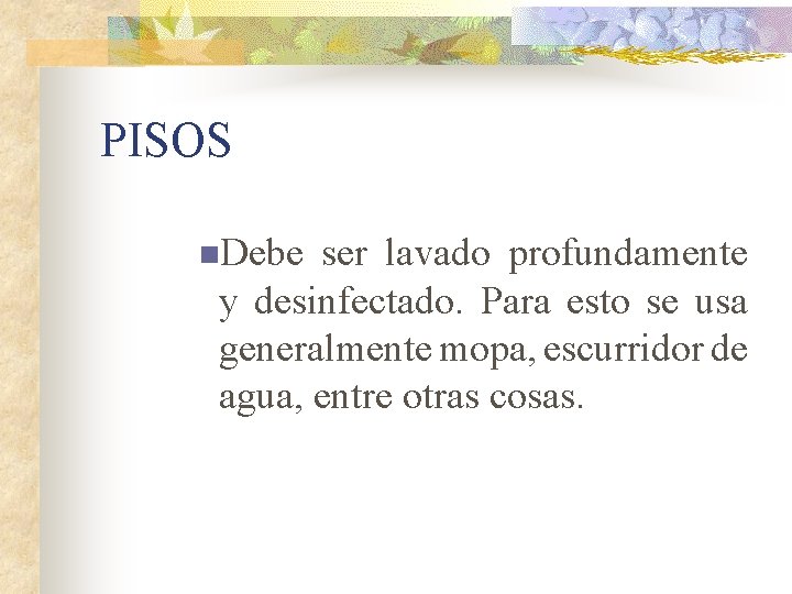 PISOS n. Debe ser lavado profundamente y desinfectado. Para esto se usa generalmente mopa,