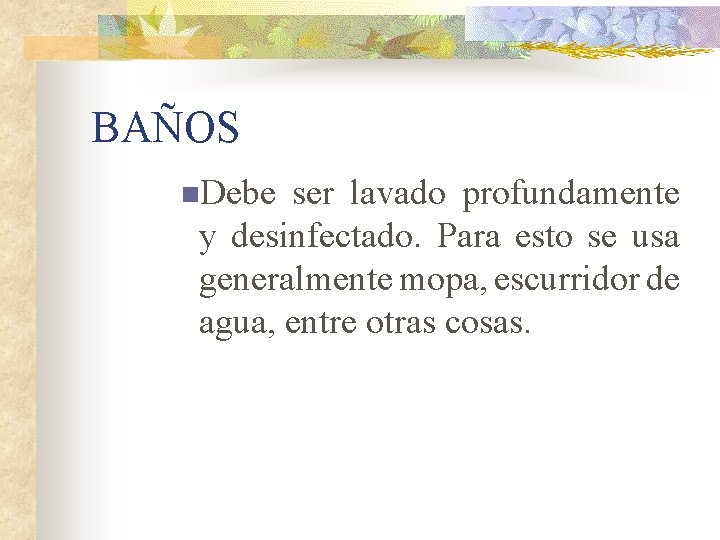 BAÑOS n. Debe ser lavado profundamente y desinfectado. Para esto se usa generalmente mopa,