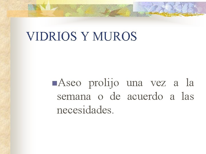 VIDRIOS Y MUROS n. Aseo prolijo una vez a la semana o de acuerdo