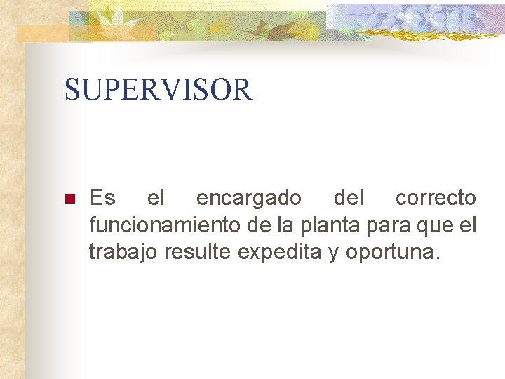 SUPERVISOR n Es el encargado del correcto funcionamiento de la planta para que el