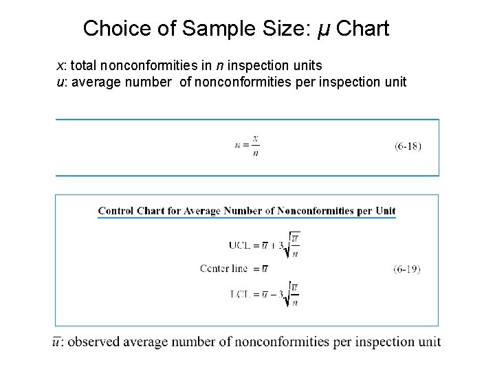 Choice of Sample Size: μ Chart x: total nonconformities in n inspection units u: Choice of Sample Size: μ Chart x: total nonconformities in n inspection units u: