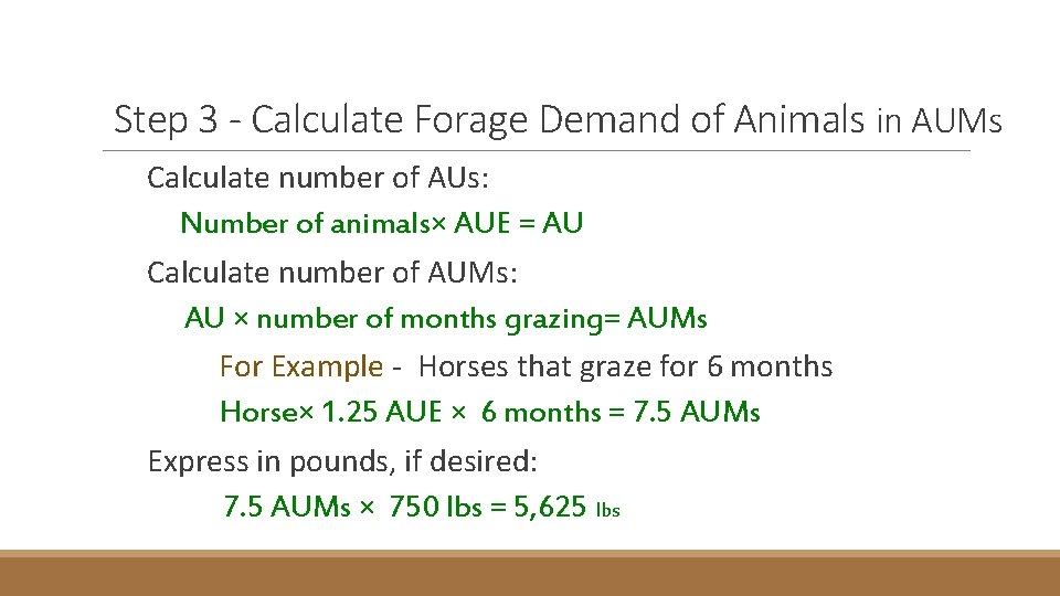 Step 3 - Calculate Forage Demand of Animals in AUMs Calculate number of AUs: