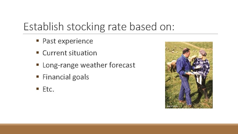 Establish stocking rate based on: § § § Past experience Current situation Long-range weather