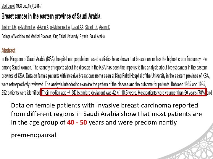 Data on female patients with invasive breast carcinoma reported from different regions in Saudi