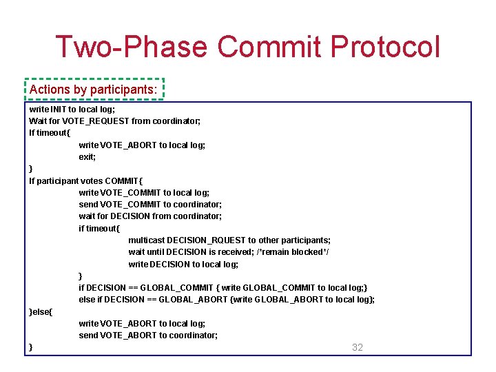 Two-Phase Commit Protocol Actions by participants: write INIT to local log; Wait for VOTE_REQUEST