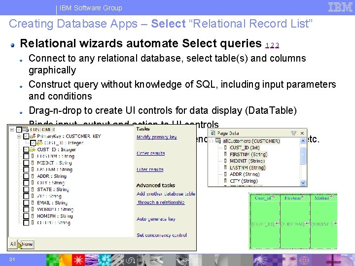 IBM Software Group Creating Database Apps – Select “Relational Record List” Relational wizards automate