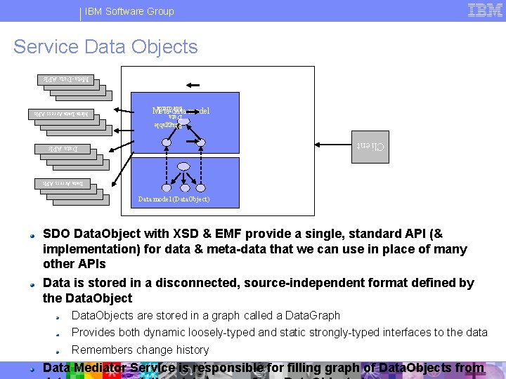 IBM Software Group Service Data Objects Meta-Data APIs Pluggable Data Mediator Meta-data model Client