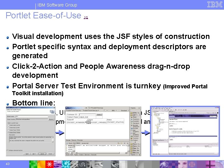 IBM Software Group Portlet Ease-of-Use 12 Visual development uses the JSF styles of construction