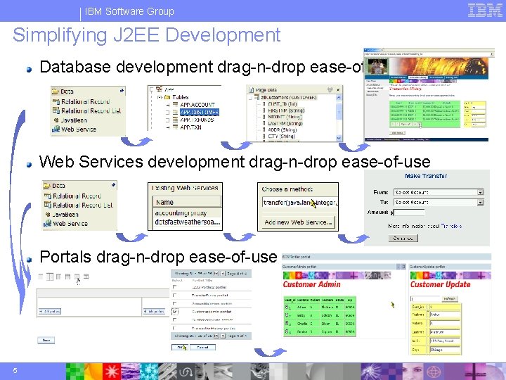 IBM Software Group Simplifying J 2 EE Development Database development drag-n-drop ease-of-use Web Services