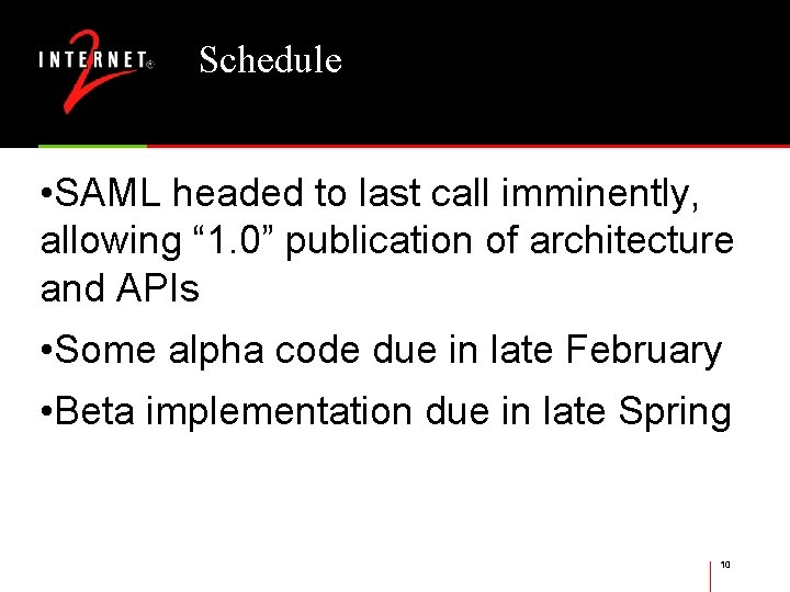 Schedule • SAML headed to last call imminently, allowing “ 1. 0” publication of