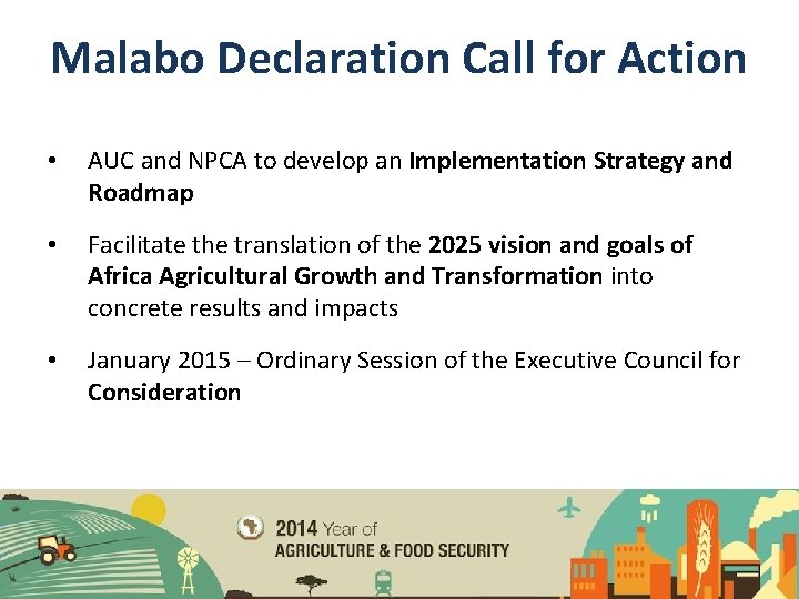 Malabo Declaration Call for Action • AUC and NPCA to develop an Implementation Strategy