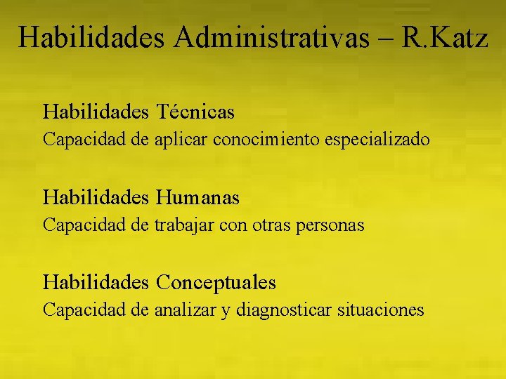 Habilidades Administrativas – R. Katz Habilidades Técnicas Capacidad de aplicar conocimiento especializado Habilidades Humanas