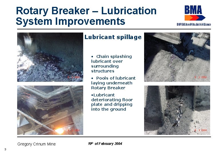 Rotary Breaker – Lubrication System Improvements Lubricant spillage • Chain splashing lubricant over surrounding