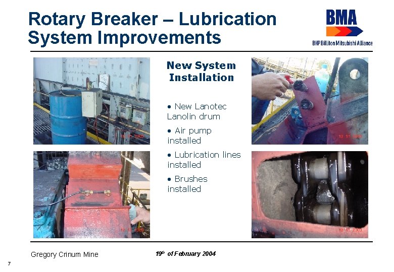 Rotary Breaker – Lubrication System Improvements New System Installation • New Lanotec Lanolin drum