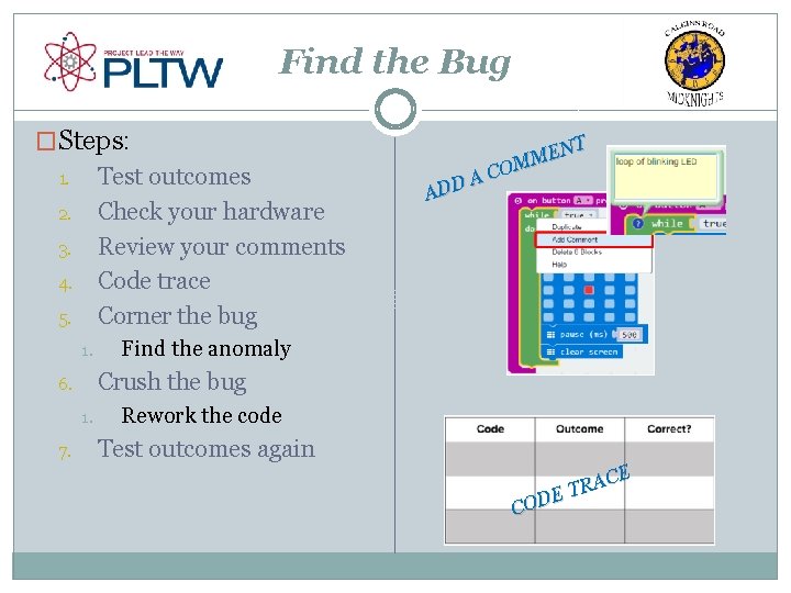 Find the Bug �Steps: 1. Test outcomes 2. Check your hardware 3. Review your