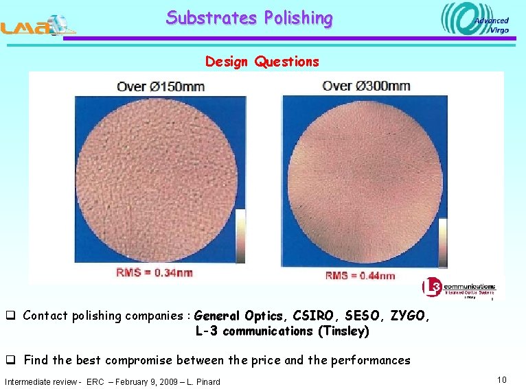 Substrates Polishing Design Questions q Contact polishing companies : General Optics, CSIRO, SESO, ZYGO,