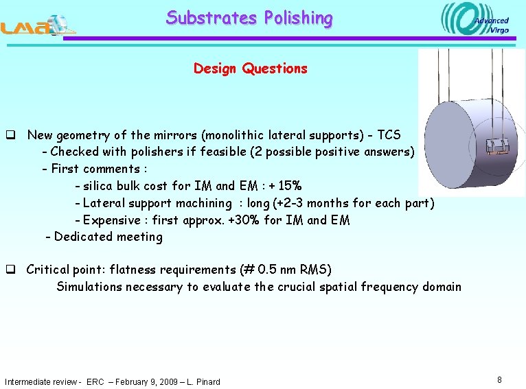 Substrates Polishing Design Questions q New geometry of the mirrors (monolithic lateral supports) -