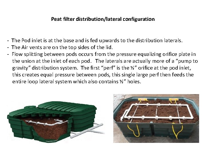 Peat filter distribution/lateral configuration - The Pod inlet is at the base and is