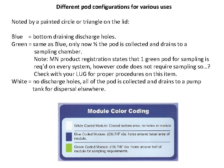 Different pod configurations for various uses Noted by a painted circle or triangle on