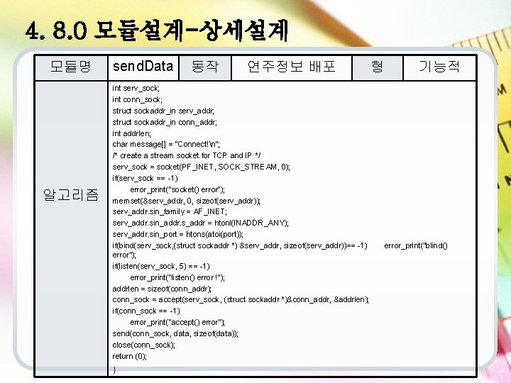 4. 8. 0 모듈설계-상세설계 모듈명 알고리즘 send. Data 동작 연주정보 배포 형 기능적 int