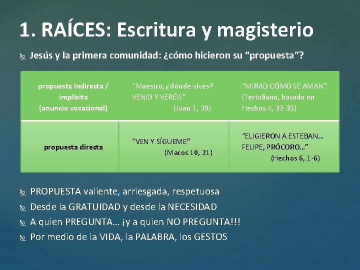 1. RAÍCES: Escritura y magisterio Jesús y la primera comunidad: ¿cómo hicieron su “propuesta”?