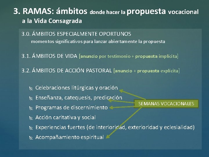 3. RAMAS: ámbitos donde hacer la propuesta vocacional a la Vida Consagrada 3. 0.