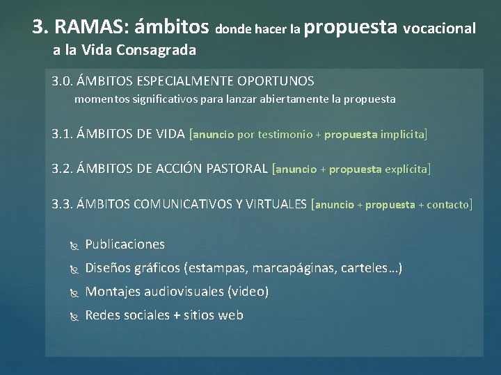 3. RAMAS: ámbitos donde hacer la propuesta vocacional a la Vida Consagrada 3. 0.