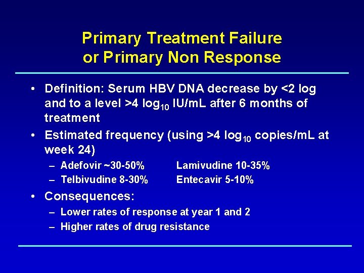 Primary Treatment Failure or Primary Non Response • Definition: Serum HBV DNA decrease by