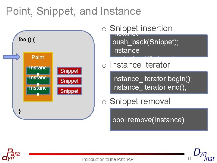 Point, Snippet, and Instance o Snippet insertion Instance push_back(Snippet); Instance push_front(Snippet); foo () {