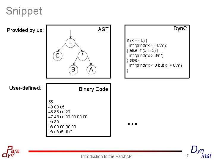 Snippet Dyn. C AST Provided by us: if (x == 0) { inf ‘printf("x